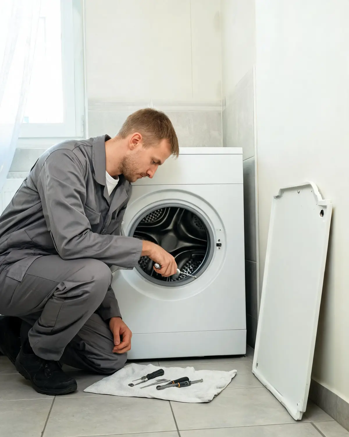 Мастер ремонтирует стиральную машину Haier